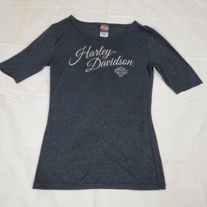 HARLEY-DAVIDSON T-Shirt Womens Sz Small (WITH CUT SLEEVES!) Black Green Glittery